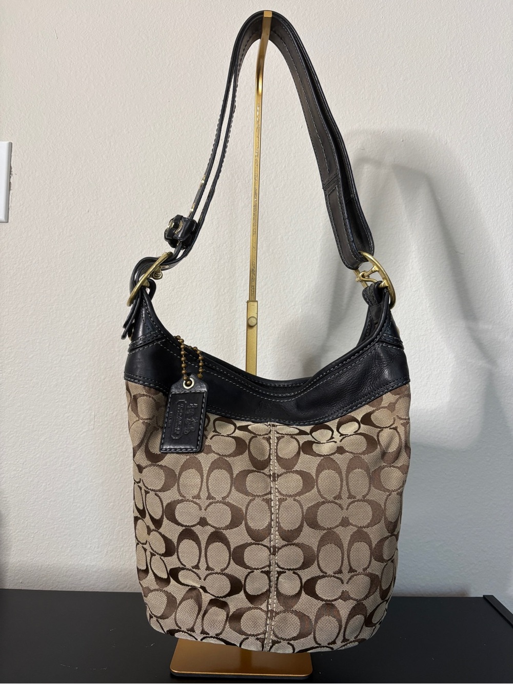 Coach Bleecker Brown Signature Canvas Shoulder Bag with Black Trim
